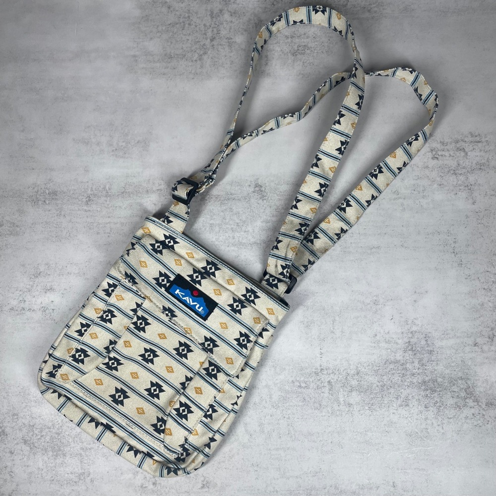 Kavu Keeper Crossbody Bag Southwestern Geometric Canvas Shoulder Bag Cream Blue